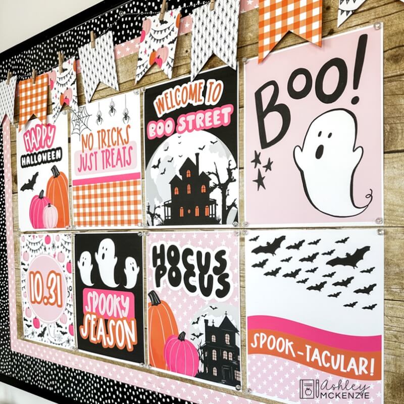 Boo Street Halloween Classroom Decor - classroom posters are displayed on a bulletin board