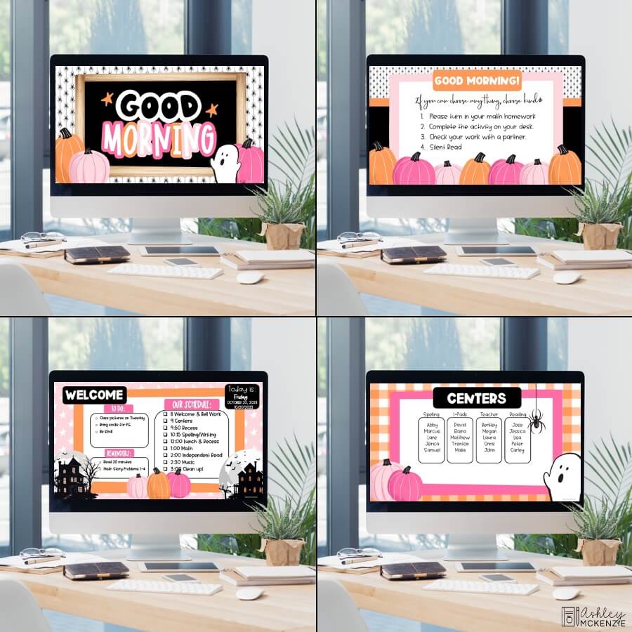 Four computer screens are shown, each displaying a different Google Slides Template in a boo street Halloween design theme.