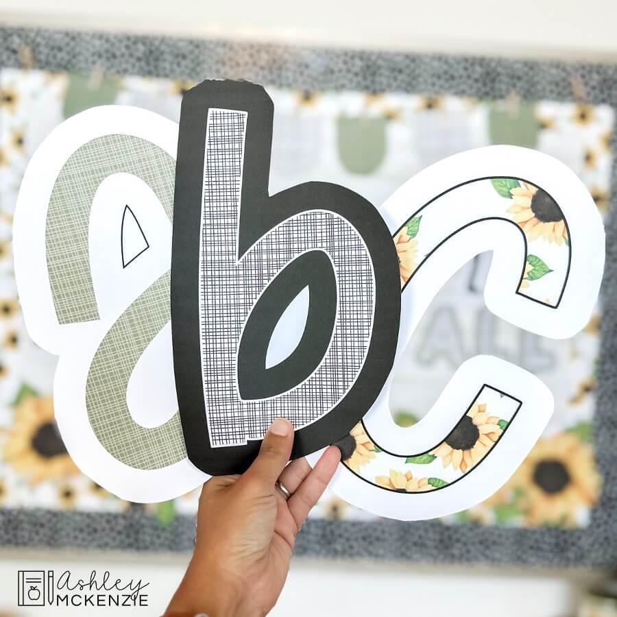 Cutouts of lower case letters a, b, and c are shown featuring fall sunflowers themed patterns.