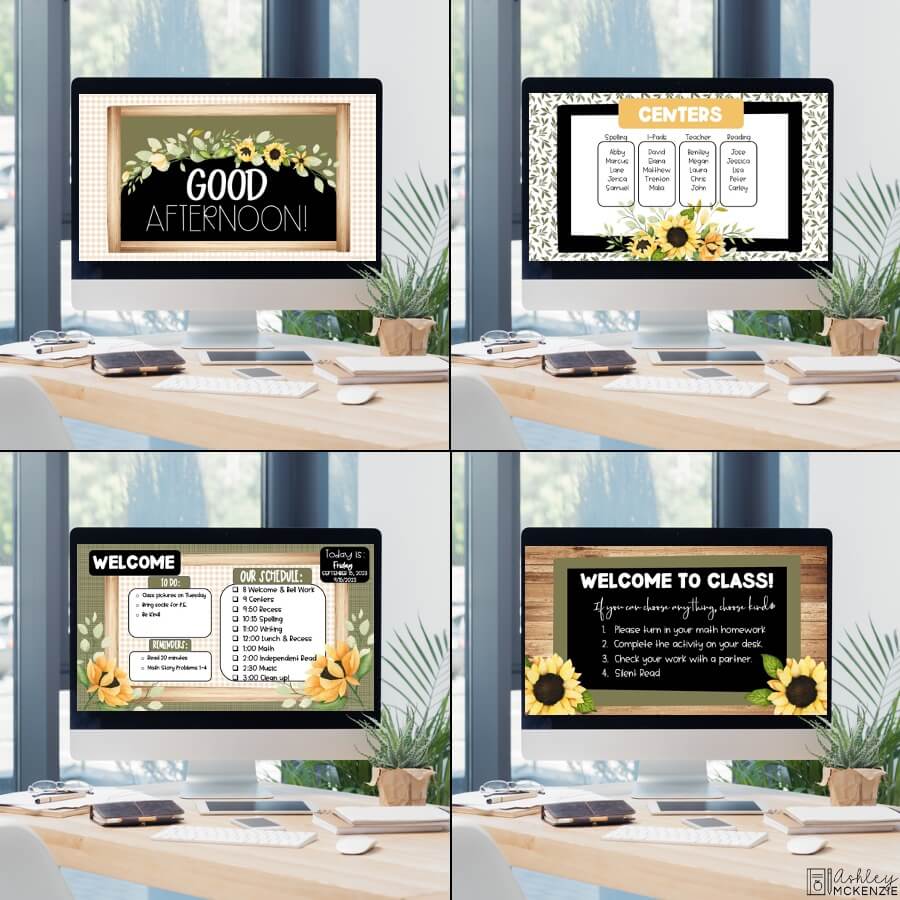 Four computer screens are shown, each displaying a different fall classroom decor with sunflowers themed Google Slides template.