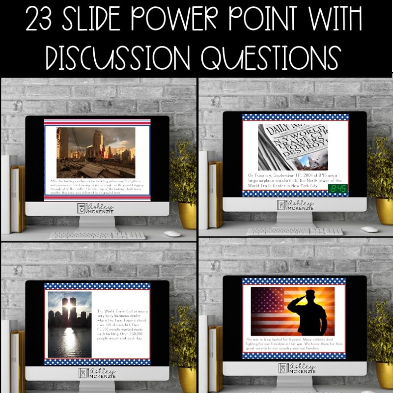 Multiple computer screens, each displaying a different slide from the PowerPoint lesson, with the text "23 slide PowerPoint with Discussion Questions."