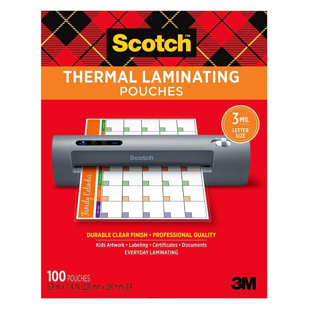 A box of 100 Scotch Thermal Laminating Pouches