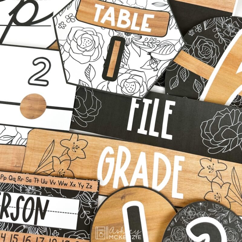 Printable classroom decor cutouts in a black and white theme featuring floral patterns