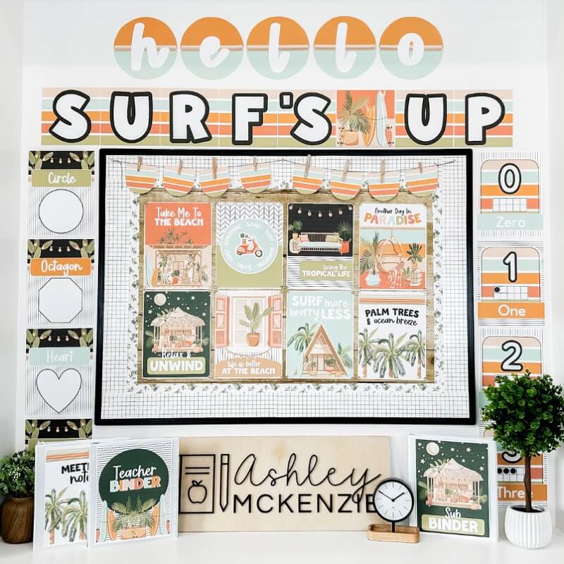 A classroom bulletin board is decorated with tropical themed classroom posters, and there are more matching posters surrounding the board such as shape posters, number posters, and more