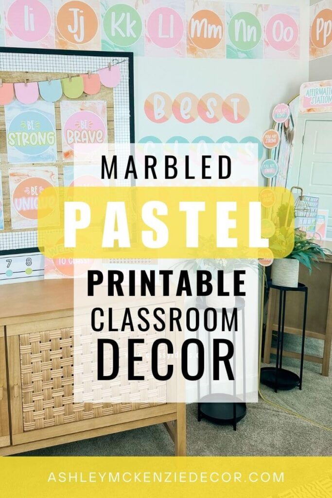 A classroom decorated with a marbled, pastel classroom decor theme