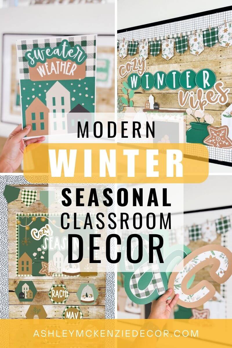 Modern winter classroom decorations are displayed on a classroom bulletin board, door, and more
