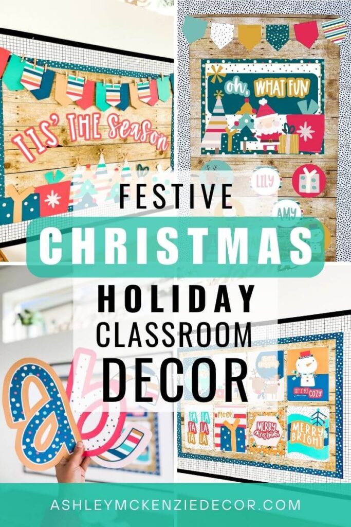 Festive Christmas classroom decor displayed on a classroom bulletin board and door, including classroom posters and bulletin board letters for the holidays