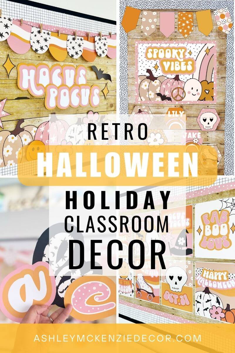 Retro Halloween classroom decorations displayed on bulletin boards, classroom doors, and bulletin board letters