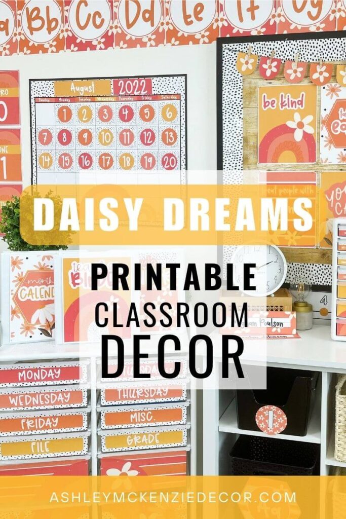 A classroom decorated with bright, daisy themed designs in orange, yellow, pink, and red