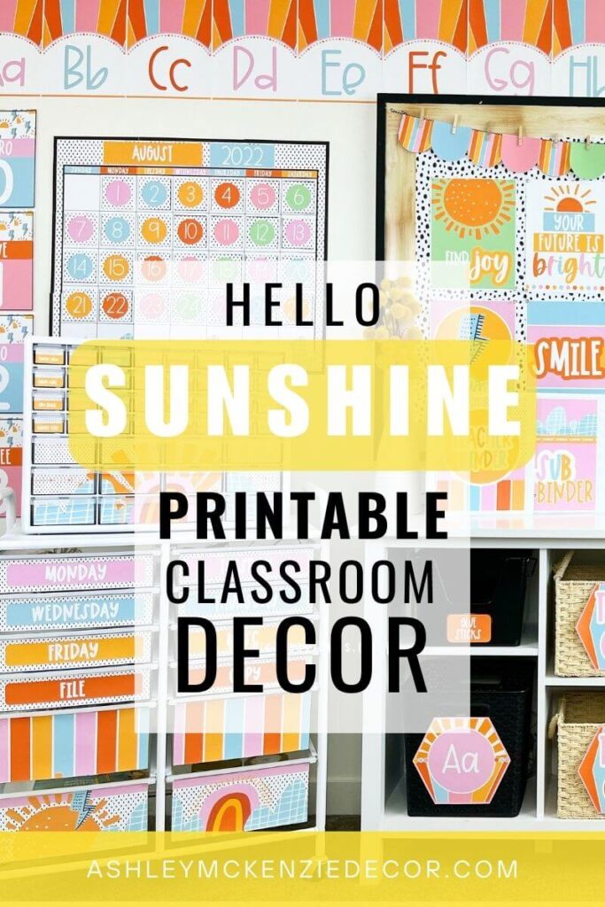 A classroom decorated with a bright, sunshine theme featuring a mix of pastels and bright colors