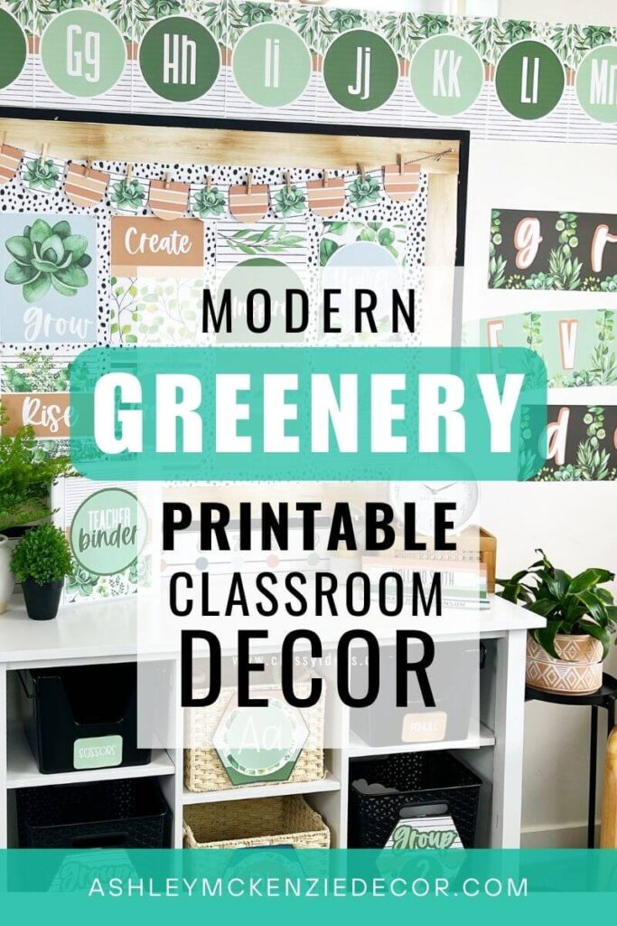 A classroom decorated with a modern greenery theme