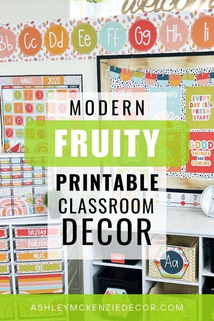 A classroom decorated with a modern fruit inspired classroom decor theme