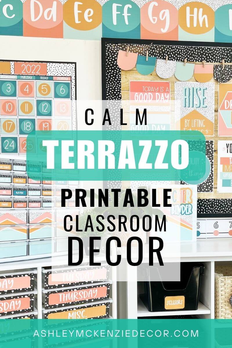A classroom decorated with a calming theme featuring terrazzo prints and patterns