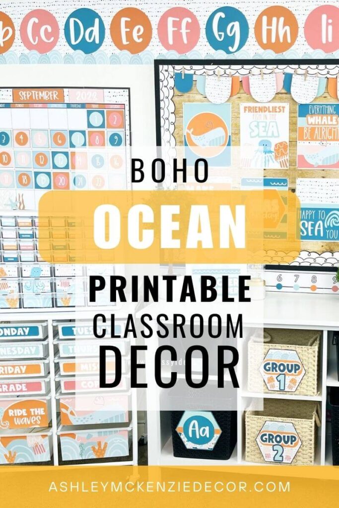 A classroom decorated with a boho theme that features ocean creatures and patterns