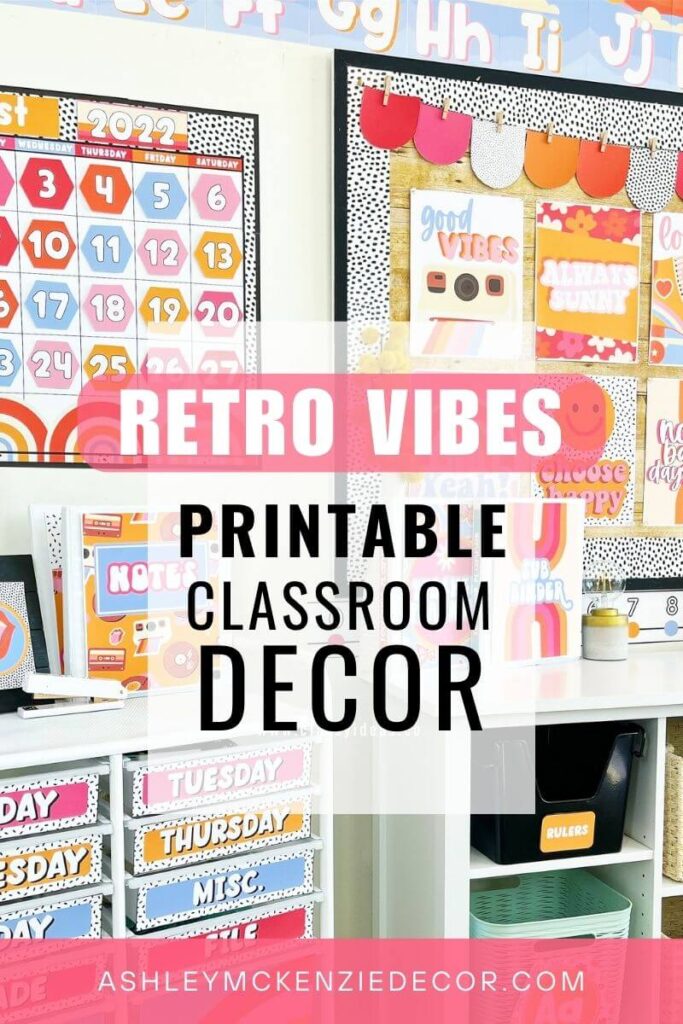 Retro classroom decor theme featuring bright colors, fun throwback images like VW Van, smiley faces, flowers, roller skates, and more
