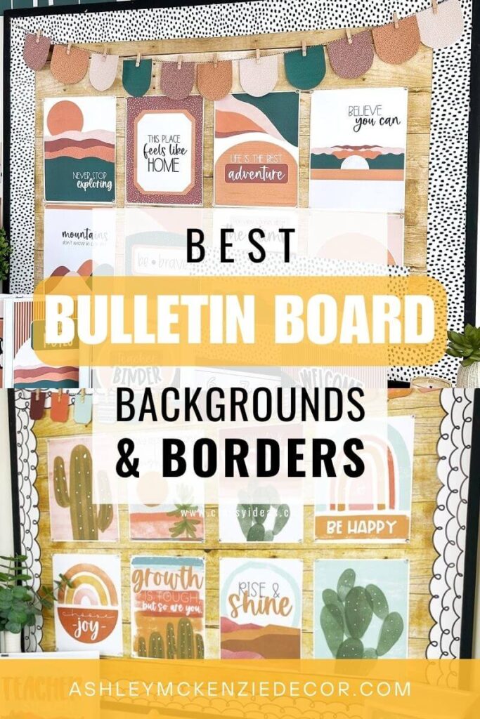 Two classroom bulletin boards are shown each featuring some of the best bulletin board backgrounds and borders to use in the classroom.