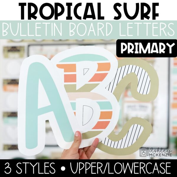 tropical surf beach themed bulletin board letters for back to school in a primary friendly font