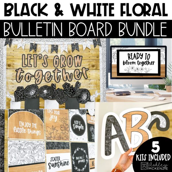 Multiple back to school bulletin board decorations featuring a black and white floral design