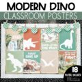 A classroom bulletin board decorated with modern dinosaur classroom posters