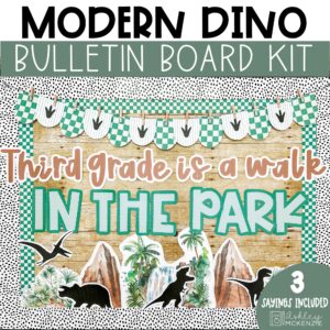 A classroom back to school display featuring a dinosaur themed bulletin board kit