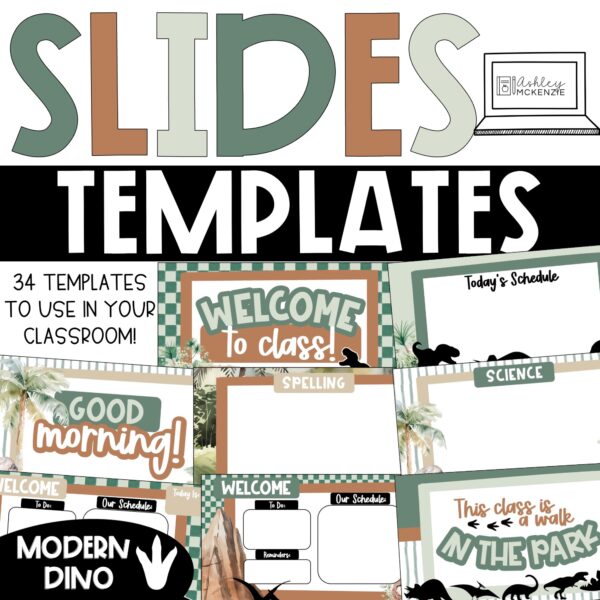 A variety of dinosaur Google Slides templates for classroom use