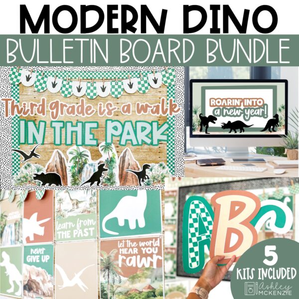Modern Dinosaur Back to School Classroom Decor, Bulletin Board, Posters, A-Z Letters, and Google Slides Templates Bundle