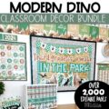 A classroom decorated with a modern dinosaur classroom theme