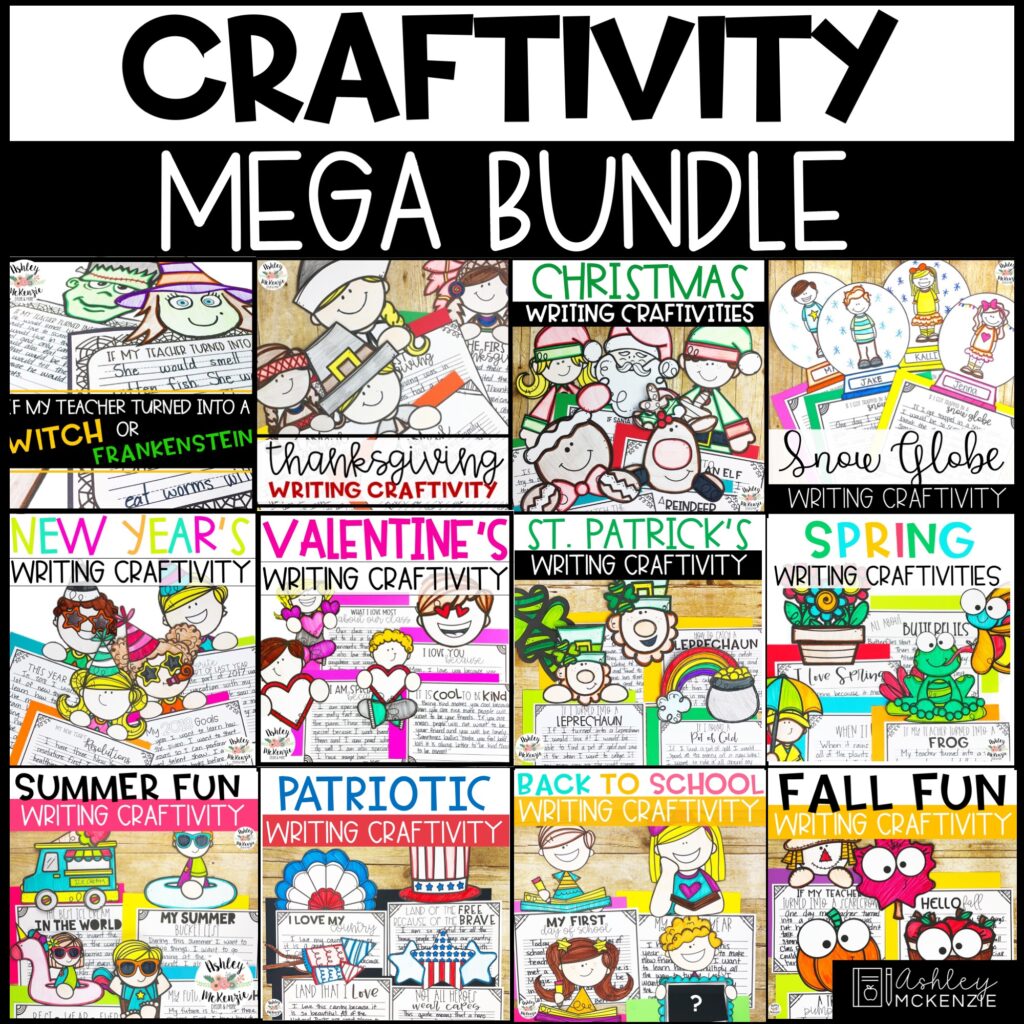 A variety of seasonal and holiday themed writing crafts including student writing prompts