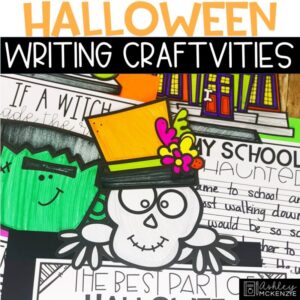 Halloween writing crafts including a writing prompt and Halloween themed toppers colored by students