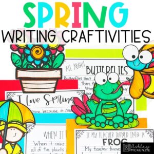 Spring writing activity featuring multiple writing prompts and colorful craft toppers