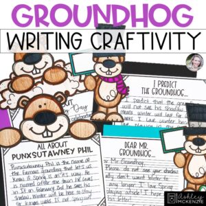 Groundhog Day writing activity for elementary students with February writing prompts and themed craft toppers