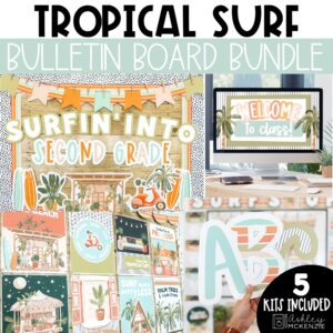 Beach themed back to school classroom decor featuring a tropical themed design
