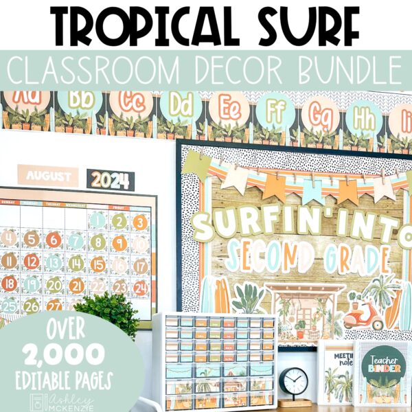 Beach themed classroom decor bundle featuring refreshing tropical designs