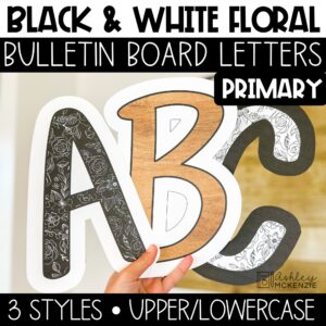 Black and white bulletin board letters in a primary friendly font perfect for classroom decorating