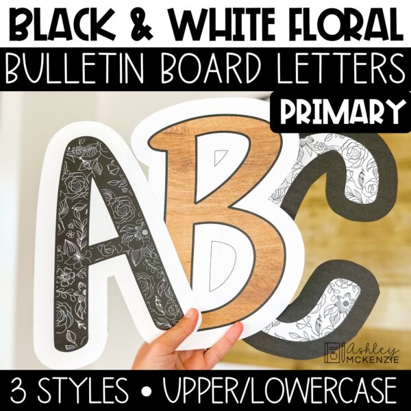 Black and white bulletin board letters in a primary friendly font perfect for classroom decorating