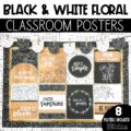 A classroom bulletin board decorated with matching black and white classroom posters featuring delicate floral patterns and wood grain accents