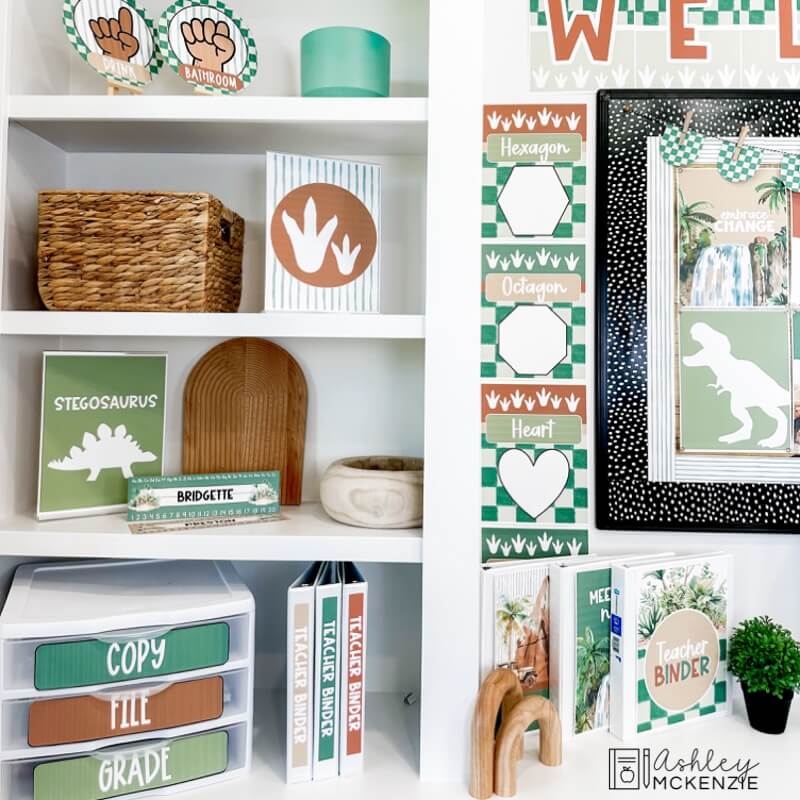 Classroom organizing tools including labels, binder covers, name tags, shape posters, and more all in a matching dinosaur classroom theme