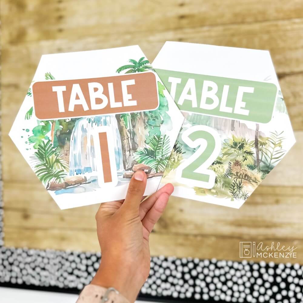 Table 1 and Table 2 classroom organizing signs are shown featuring watercolor jungle designs