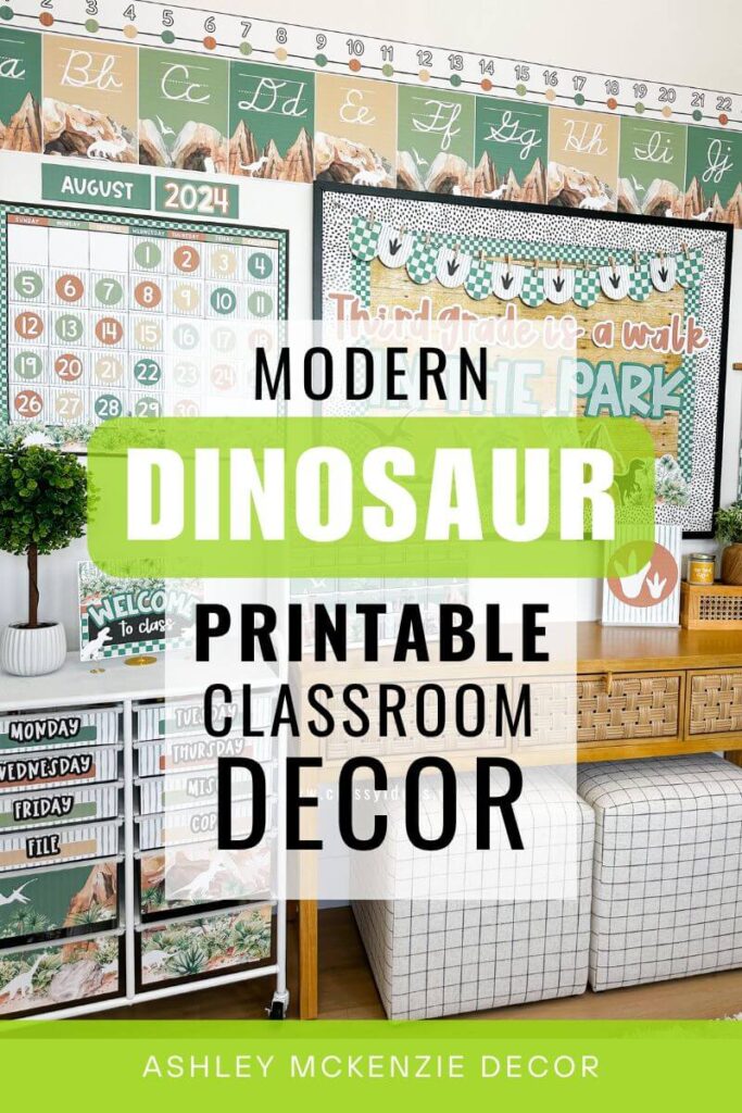 A classroom decorated with a modern dinosaur classroom theme