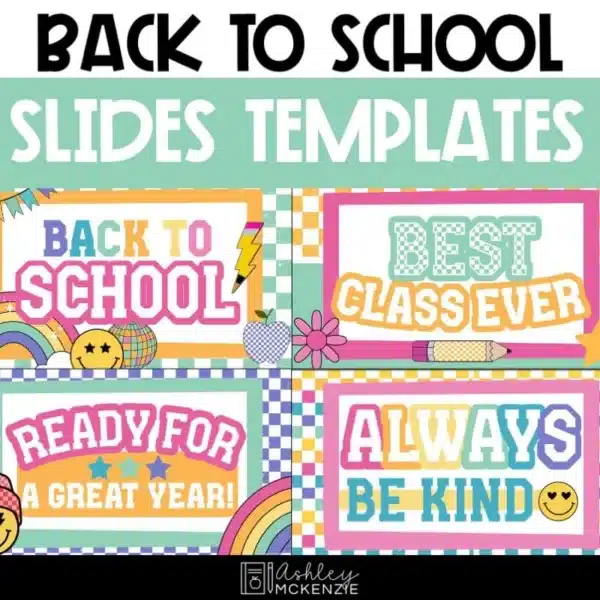 Back to school slide templates in a colorful design featuring retro style designs