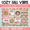 Cozy fall classroom posters are displayed on a classroom bulletin board