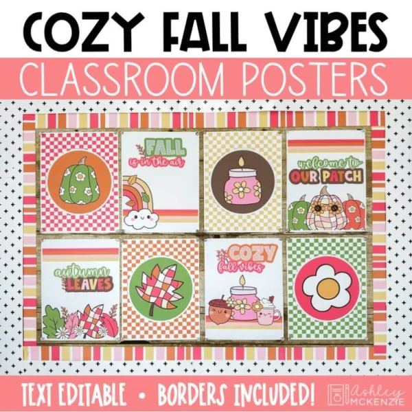 Cozy fall classroom posters are displayed on a classroom bulletin board