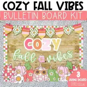 A fall bulletin board kit is displayed in a classroom featuring warm colors and groovy pumpkin designs