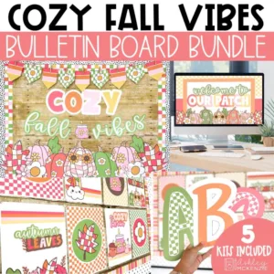 Cozy fall classroom decor featuring warm colors, groovy pumpkins, and patchwork leaves