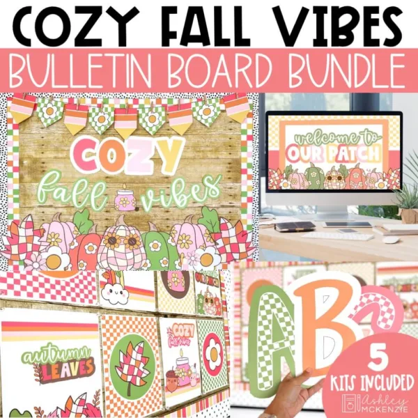 Cozy fall classroom decor featuring warm colors, groovy pumpkins, and patchwork leaves