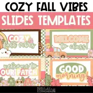 Cozy fall slide templates are shown featuring warm colors, pumpkins, and more