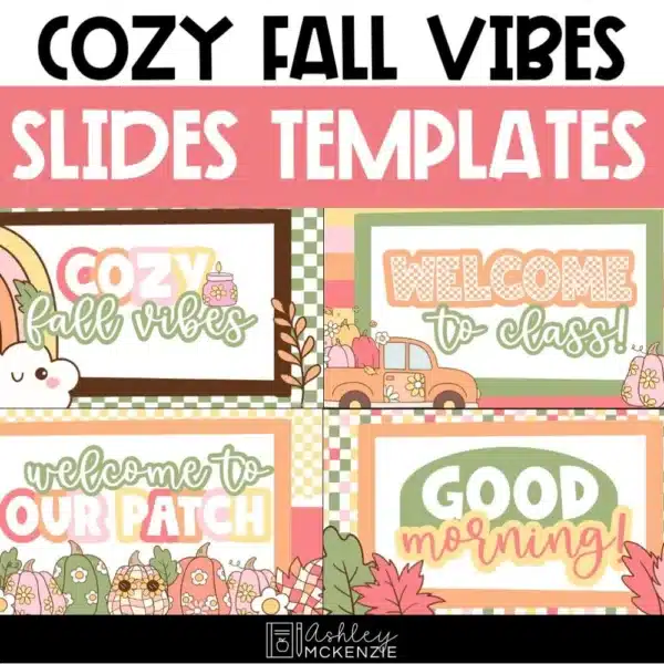 Cozy fall slide templates are shown featuring warm colors, pumpkins, and more