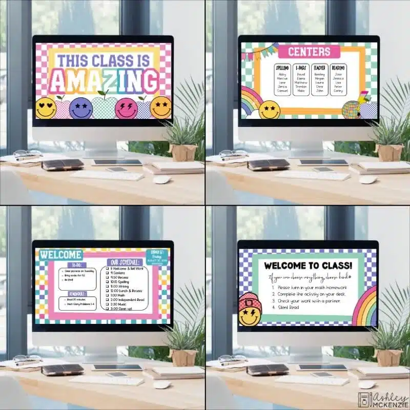 Multiple classroom computer screens showing back to school themed Google Slides Templates displaying morning messages, greetings, instructions, schedules, and more