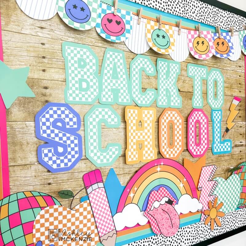 A classroom bulletin board decorated with a back to school bulletin board theme