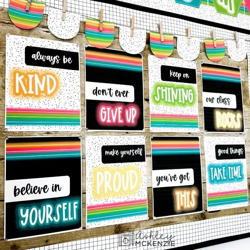 A classroom bulletin board is decorated with 8 brightly colored neon themed motivational posters for back to school 